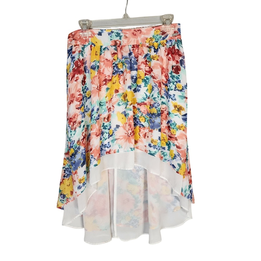 GUESS Size Medium High-Low Watercolor Floral Chiffon Elastic Waist Skirt Cottage